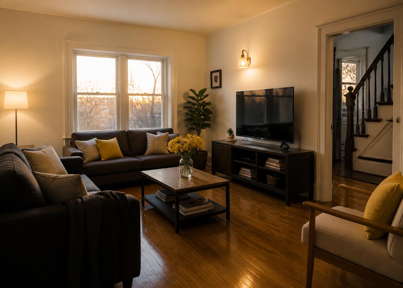 Shared living room of the residence at golden hour with warm lamp light and yellow roses